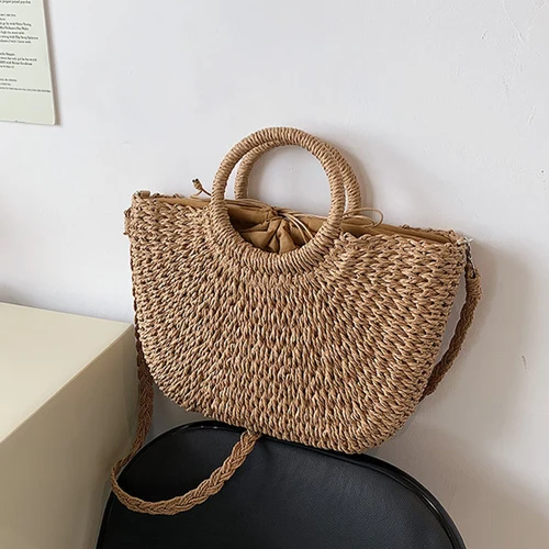 Imagen 2 del producto Bolsos tejidos de paja para mujer, bolso de viaje hecho a mano para playa, novedad de verano, bolso tipo cubo con asa, bolso de compras, Bolsa de cesta