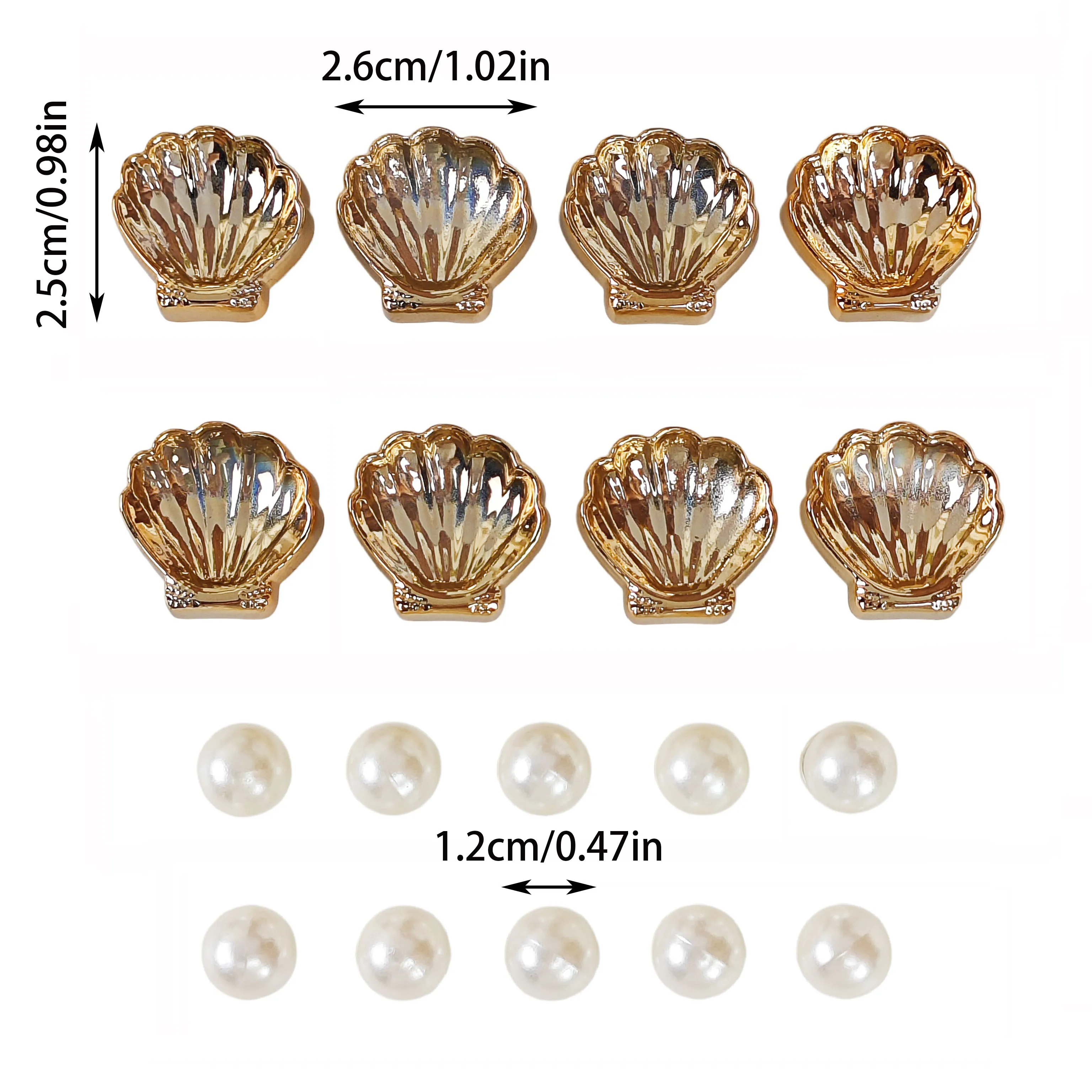 18Pcs DIY Shoe Decoration Charms, Shiny Gold Shells, Imitation Pearl Decorative Buckles, Non-Metallic Lightweight Material, Y2K Fashion Versatile Cute Personality Accessories for Men and Women, Suitable for Eva Beach Shoes, Sandals, Removable Shoe Decoration, Holiday Gift