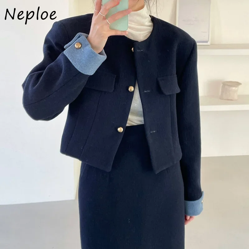 Neploe Y2k Autunno Inverno Giacca Donna O Collo Colore a contrasto Cappotto a maniche lunghe monopetto Slim Chaquetas Jaqueta Feminina