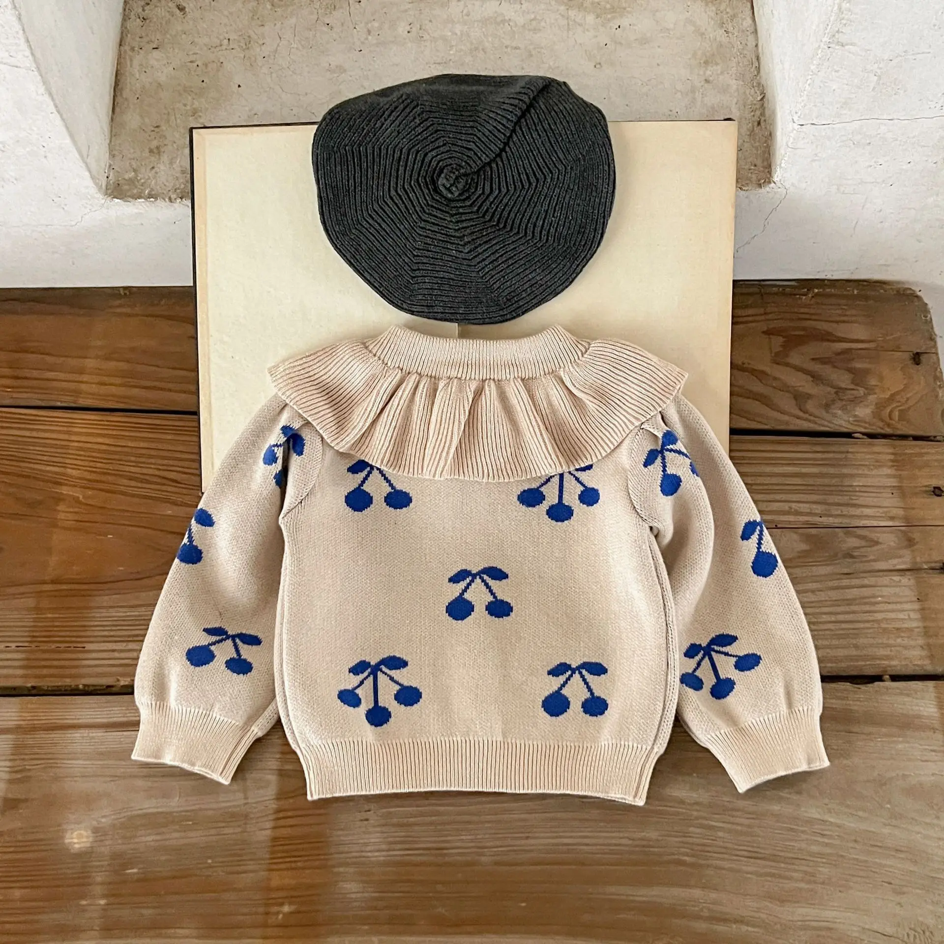 Toddler Girl Cherry Cardigan Cotton Long Sleeve Ruffle Baby Girl Outwear Coat Versatile Long Sleeve Infant Newborn Girl Sweaters