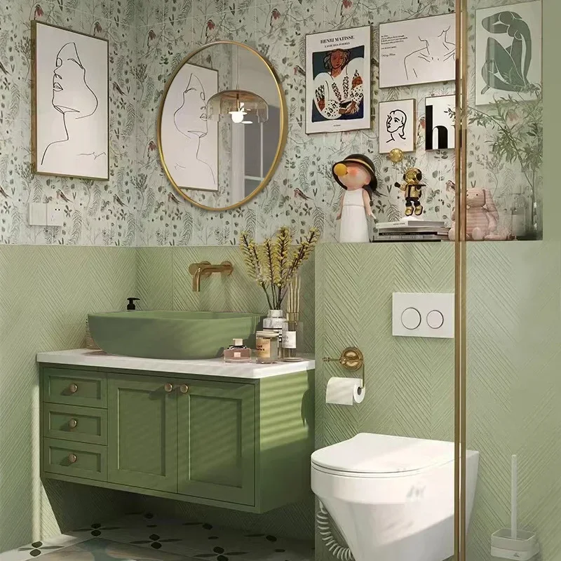 Nordic bathroom design: Avocado Green bathroom counter basin, rubber wood bathroom, high-end washbasin