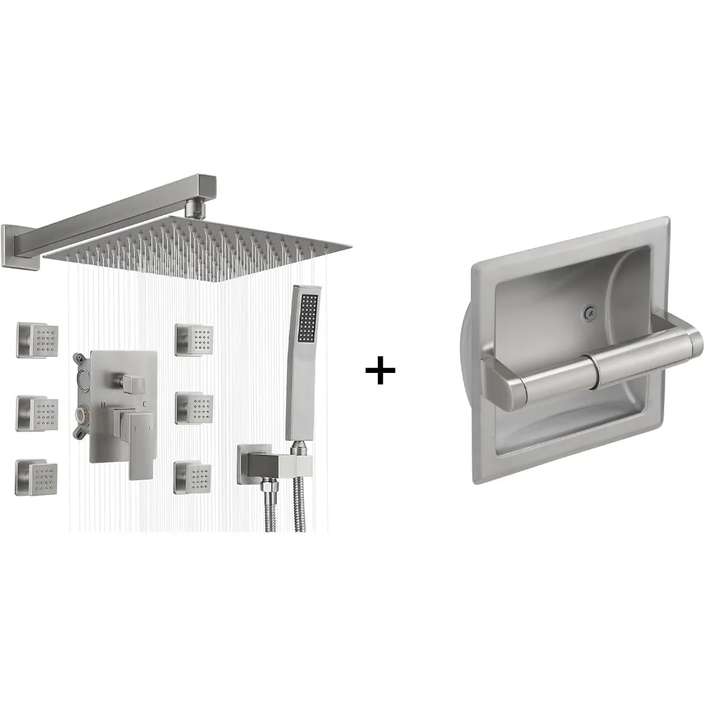 

Brushed Nickel Shower System with 10-Inch Rain Shower Head and 6 Body Spray Jets, Including Recessed Toilet Paper Holder