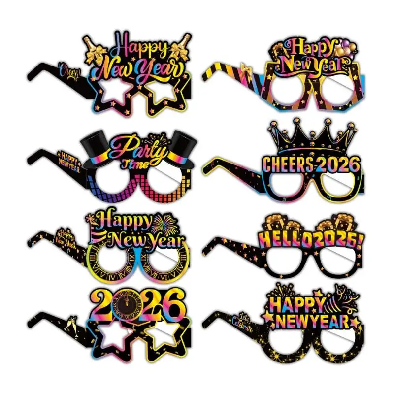 

652F 2026 Cheer Party Glasses 8 Pcs Paper Eyewear Set Themed Accessories For New Year Celebrations