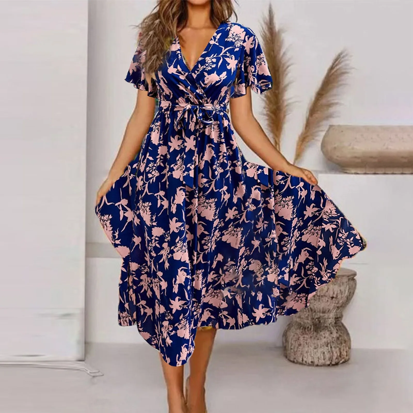 

2023 Boho Vintage Print Women Maxi Dress Summer Fashion V-Neck Short Sleeve Sundress Elegant Ladies Midi Dress Femme Vestidos