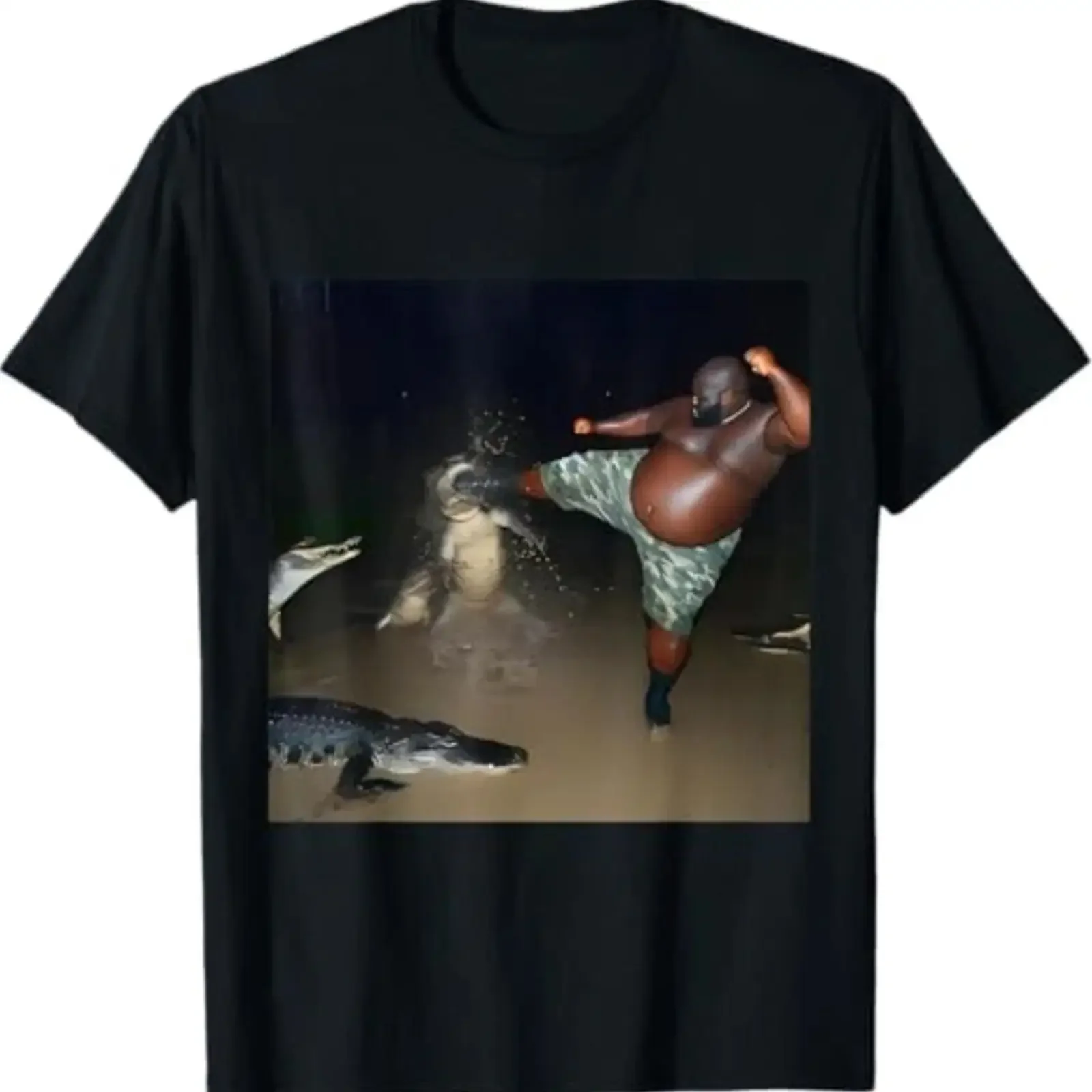 T shirt man kicks alligator in swamp funny weird specific meme vintage Washed Stretched Breathable fashion homme Versatile