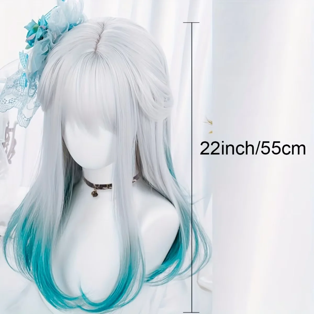 Peruka Syntetyczna Prosta z Grzywką Gradientem Niebiesko-Białym i Kucykiem Anime Party Cosplay Moda 2025 Nowe Włókno Fryzura