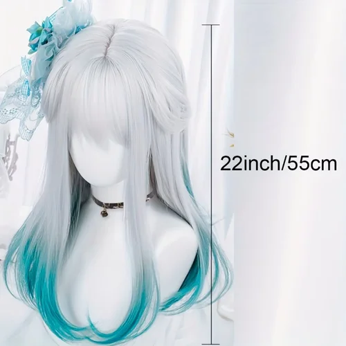 Imagen 2 del producto Peluca sintética recta con flequillo degradado en blanco y azul con cola de caballo, Cosplay de fiesta de Anime, moda 2021, nuevo peinado de fibra