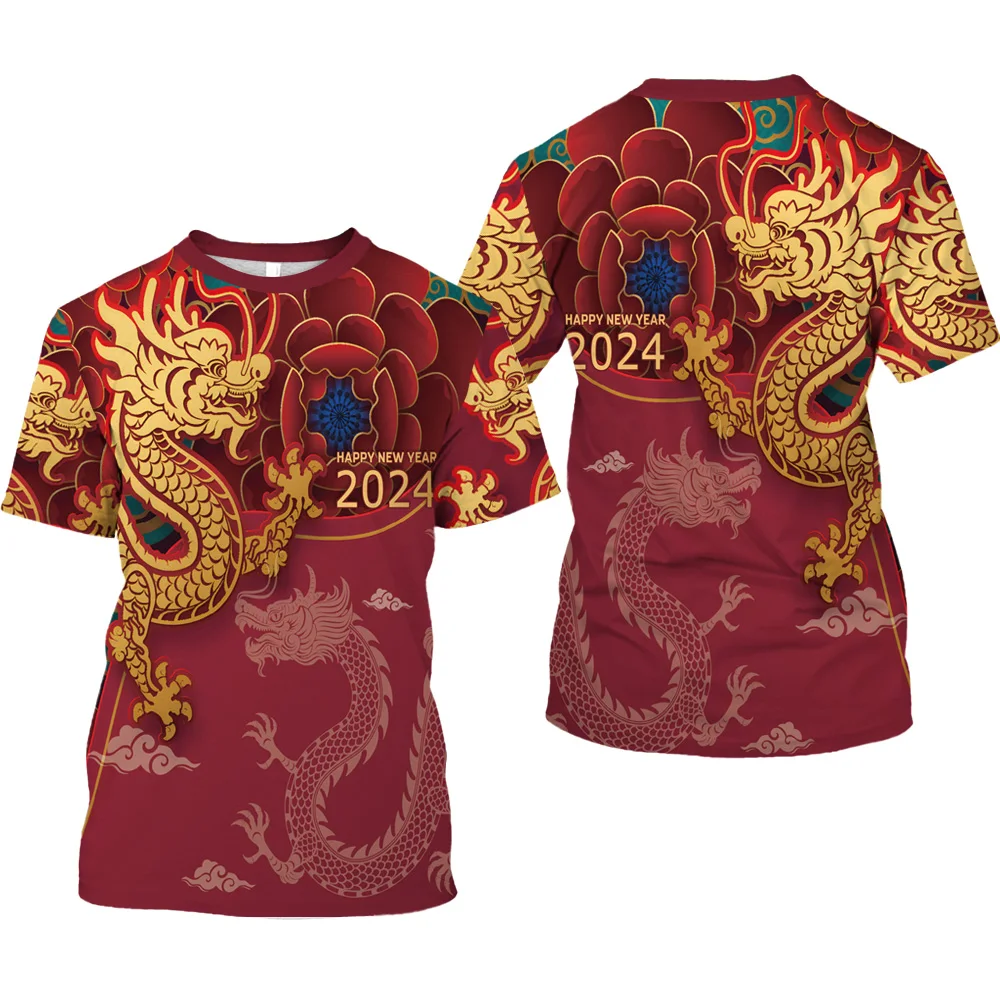 

2024 New Year Men's Short Sleeve T-shirt Chinese Red New Year Rich Flower Popular Round Neck Casual Unisex Streetwear 6XL