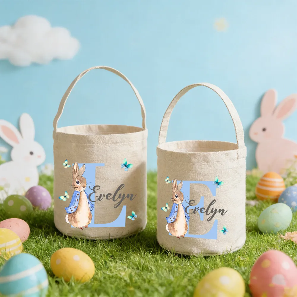 

Personalized Monogrammed Kids Easter Bunny Basket Custom Initial & Name Easter Egg Bucket Great for Easter Party Decorations