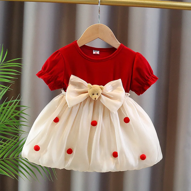 Baby Mädchen Kleid Frühling und Herbst Polka Dot Mesh Bär Kopf Langarm Prinzessin Kleid Süßes Mädchen Ein Jahr altes Kleid Weihnachten Co