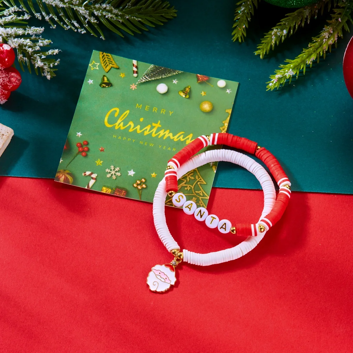 Christmas Bracelets Santa Claus Pendant Resin Letters Soft Clay Beaded Double Layer Bangle Holiday Jewelry Gift For Women Men