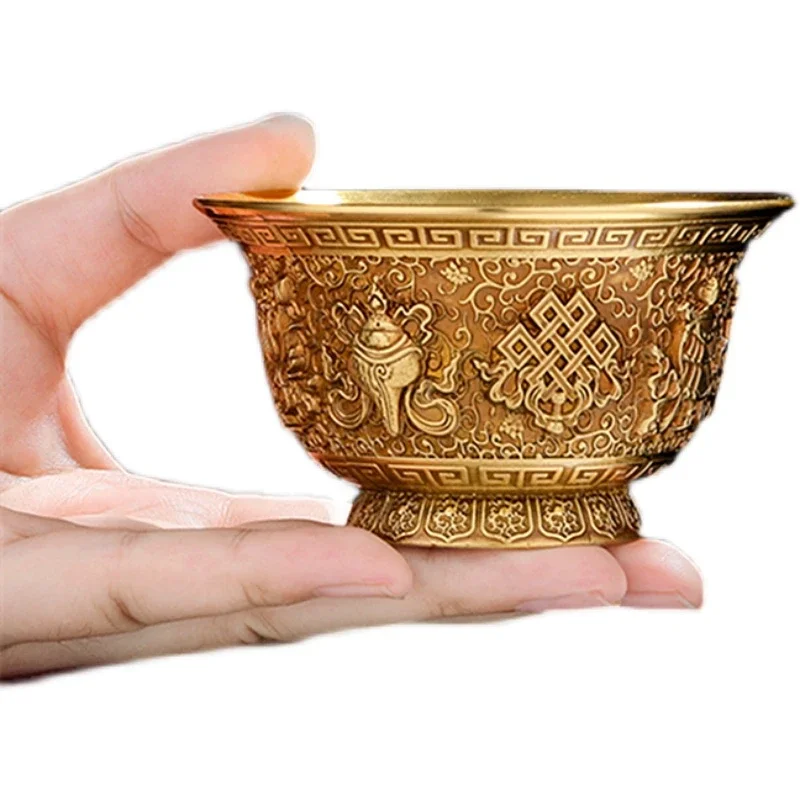 Ure Copper Buddha Offering Water Bowl, Tantric Eight Auspicious Symbols Worship Cup Buddhist Decor