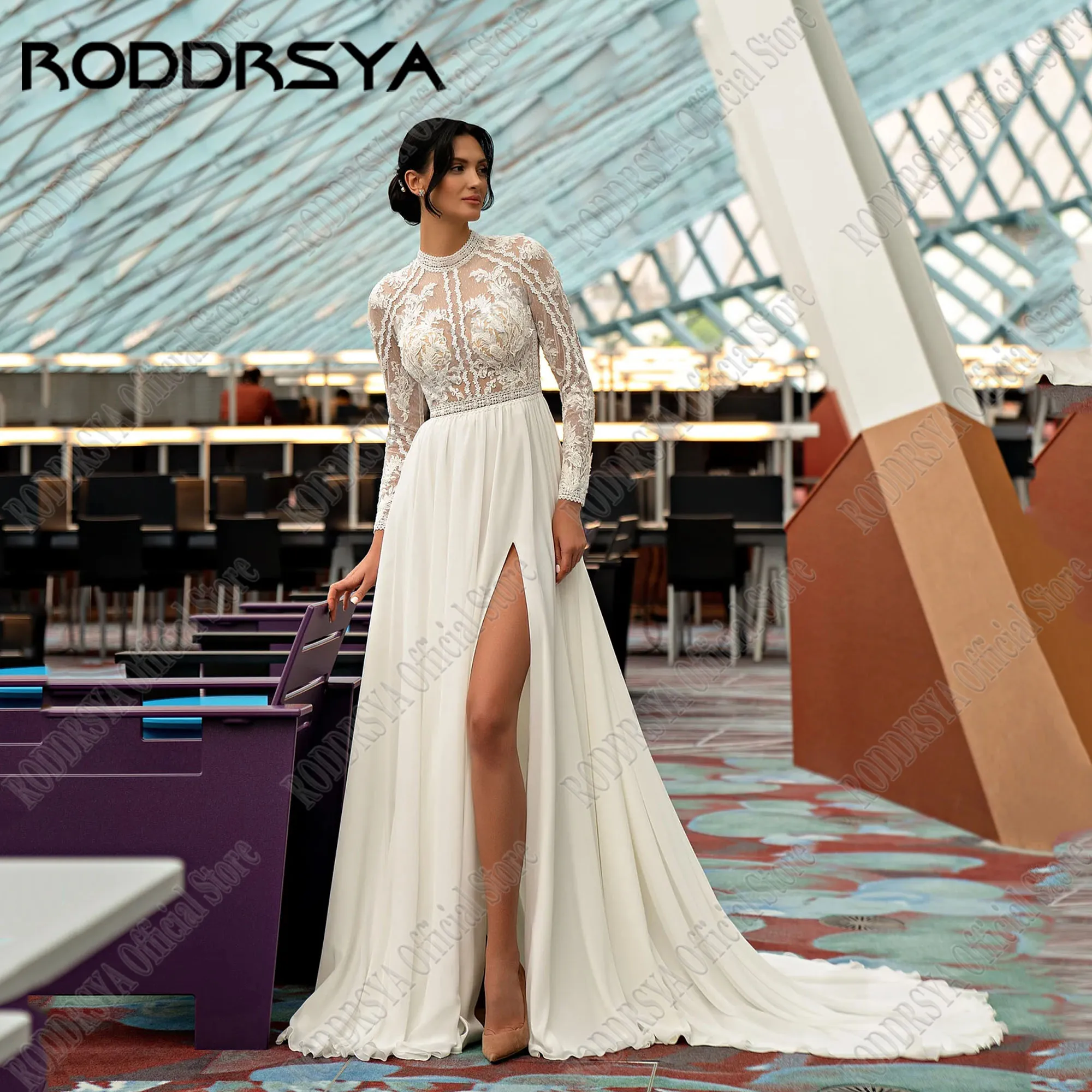 

RODDRSYA Civil Applique A Line Wedding Dress O-Neck Long Sleeve Chiffon Bride Gown Illusion Open Back With Button Customized