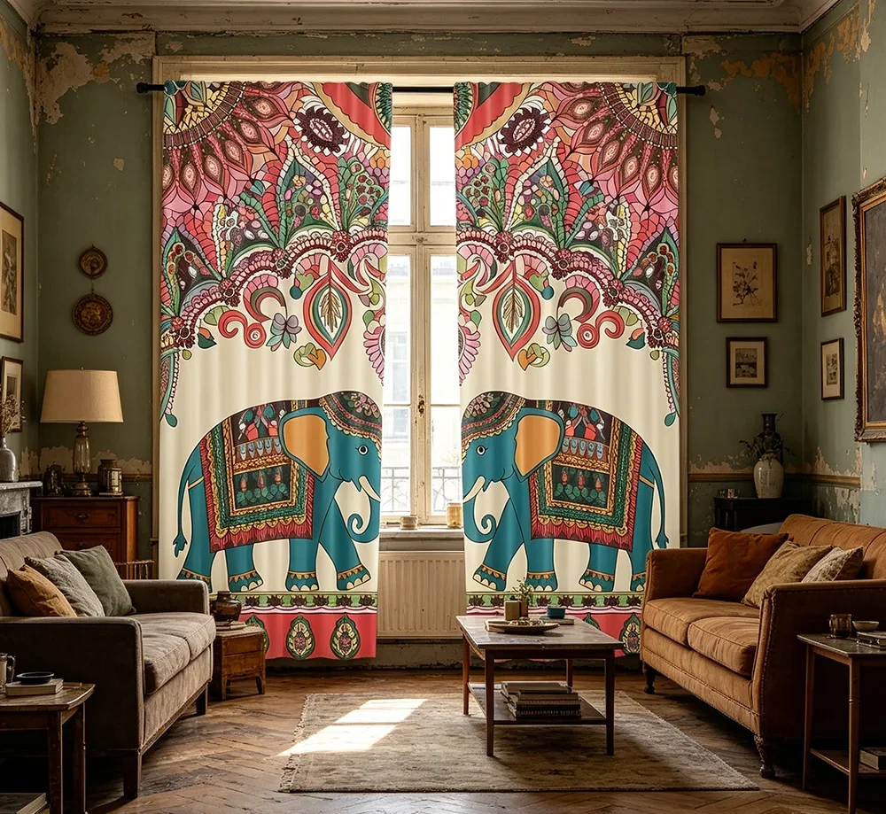 2PCS Digital Printed Curtains, Indian Elephant Mandala Tribal Ethnic Pattern, Window Drapes for Living Room Bedroom Home Decor
