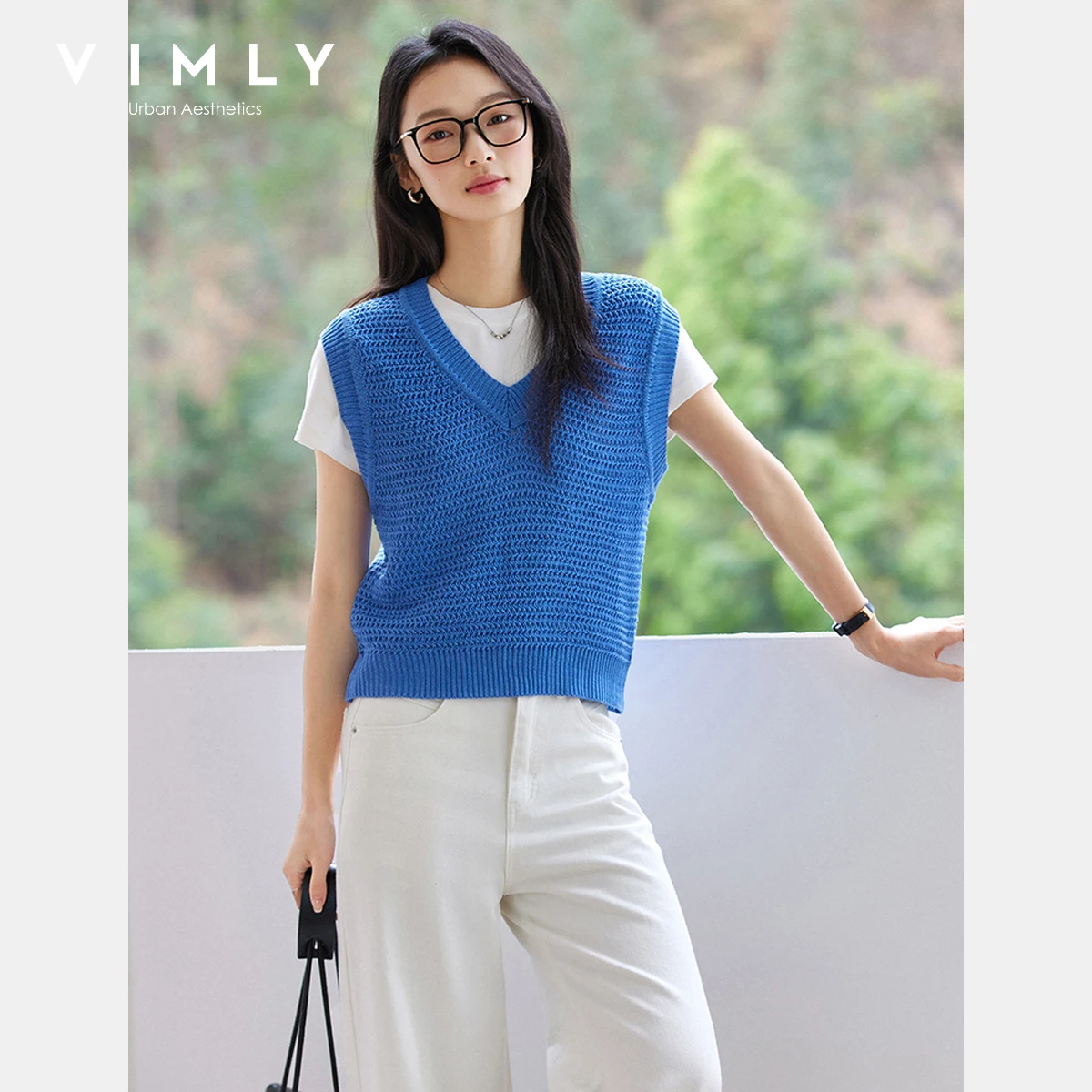

VIMLY Blue Sleeveless Vest Knitted Women's Pullovers 2025 French Summer Casual V-neck Hollow Out Women Top Pulls Femmes 75010