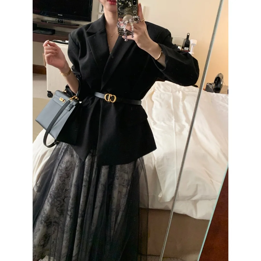 معطف بدلة Retro Ele Small Fraance Sle مع حزام زهري تنورة كورية عادية مقاس متوسط Softn حصريًا عبر الإنترنت #4