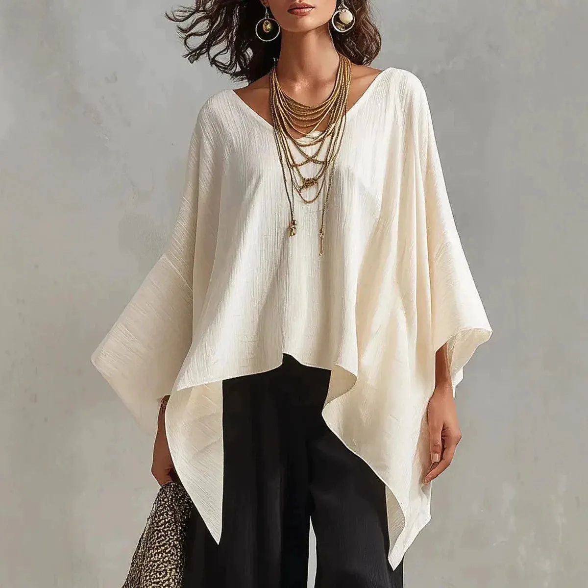 Women's V Neck Batwing Sleeve Cape Style Cotton Linen Blouse Poncho For Woman Solid Color Pullover Elegant Shoulder Cape