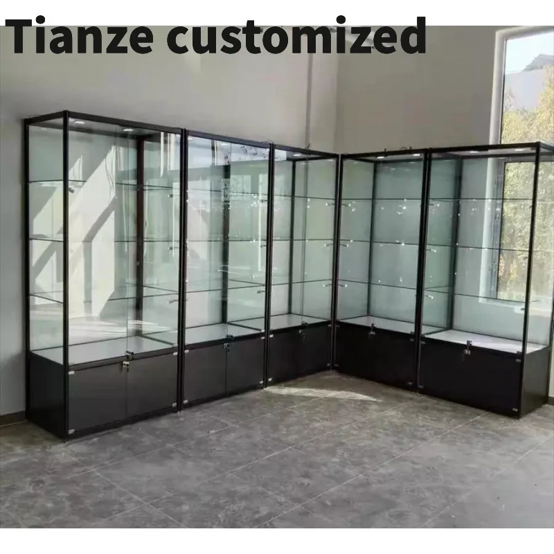 

Customized-New Design Commerical Fashion Golden Aluminum Frame Black Panel Glass Tower Display with LED Light