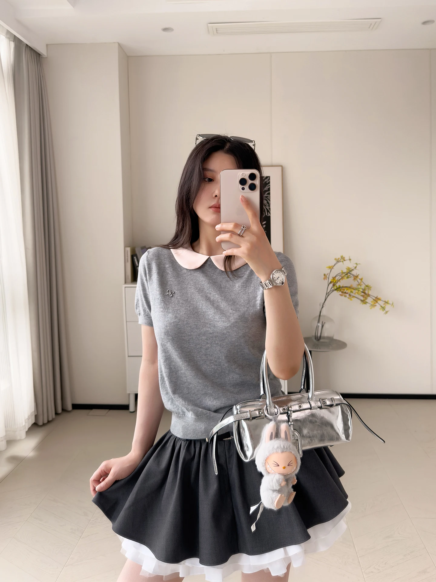 

Вязаная футболка из смесовой шерсти с эффектом похудения, с буквенным принтом, коротким рукавом и воротником-стойкой, повседневный женский топ от JR Original