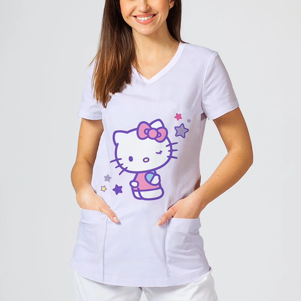 2025 Summer Y2K Style V-neck Hello Kitty Women's T-shirt Two Pockets Design Cartoon Pattern Printed Short Sleeved Female Top