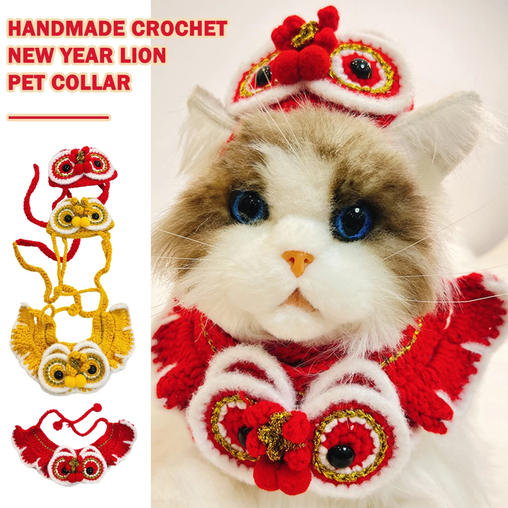Chinese Style Spring Festival Lion Dance Cat Tie Handmade Warm New Year Pet Collar Blessing Adjustable Cat Knitting Scarf Autumn