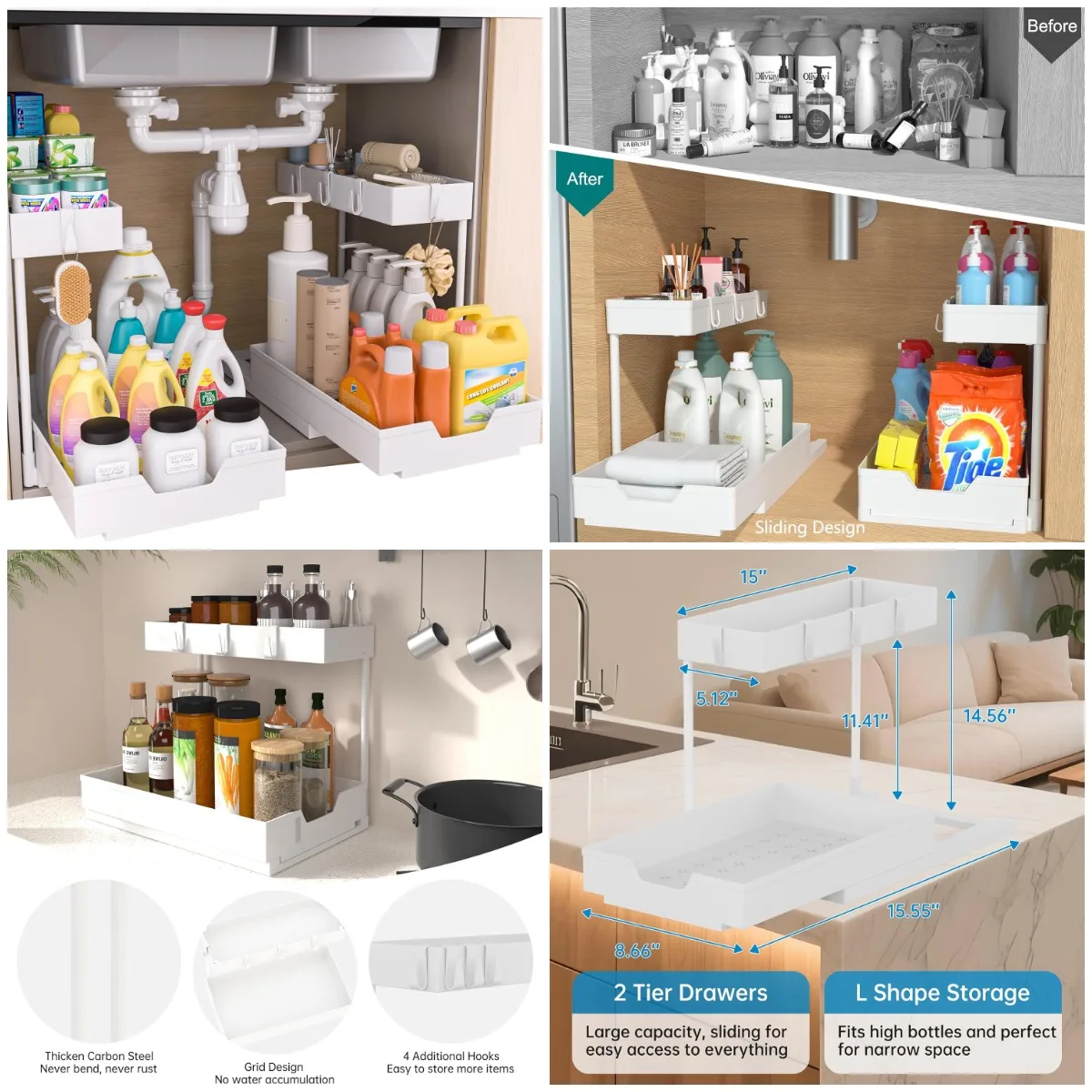 

2-Tier Under-Sink Organizers, Sliding L-Shape Storage for Kitchen/Bathroom (White, 2-Pack)