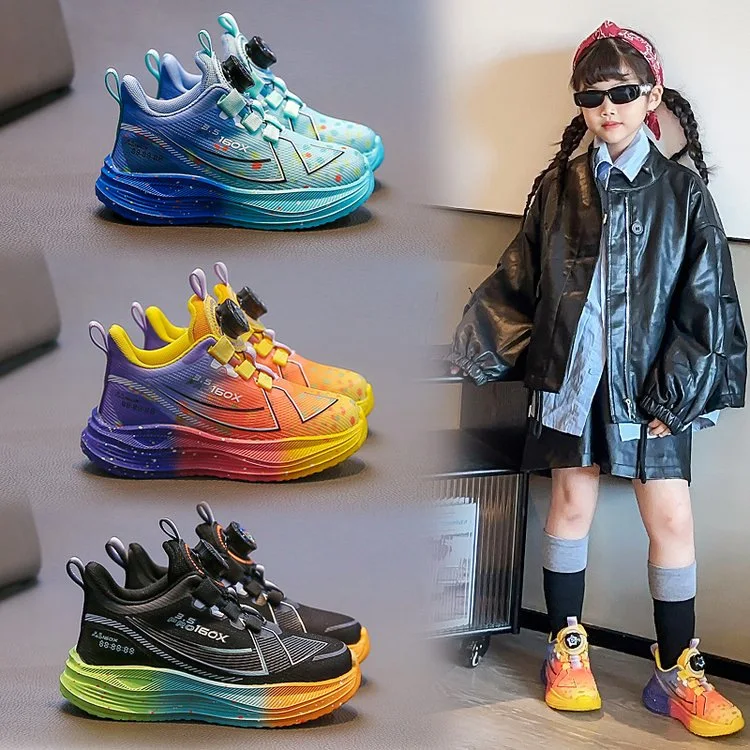 

Kids Sneakers with Rotating Button Colorful Handsome Boys Girls Running Shoes Thick Soft Sole 2025 Autumn Children Sports Shoes
