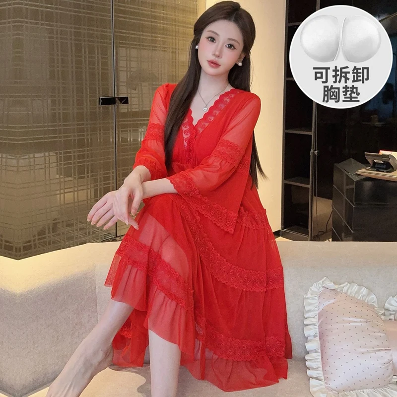 2026 New Summer Short Sleeve Sexy Lace V-neck Cotton Nightgowns for Women Sweet Princess Sleepwear Night Dress Nightdress Nighty