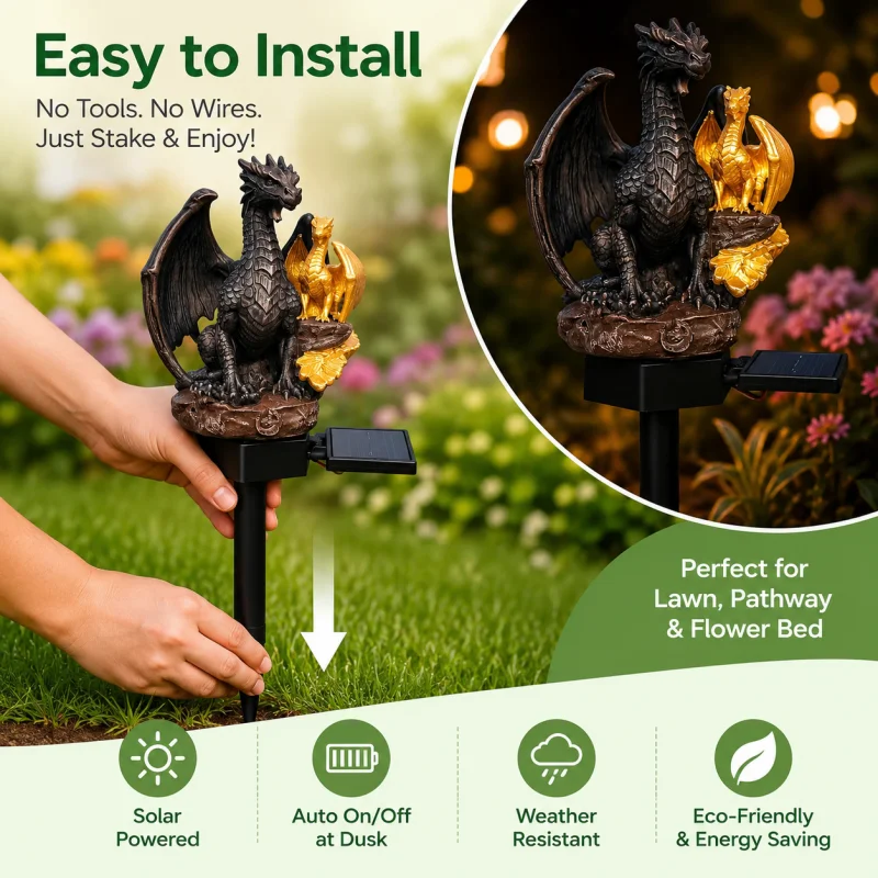 Solar Powered Dragon Statue Garden Light Waterproof Resin Stake Lamp for Patio Flower Bed Decor