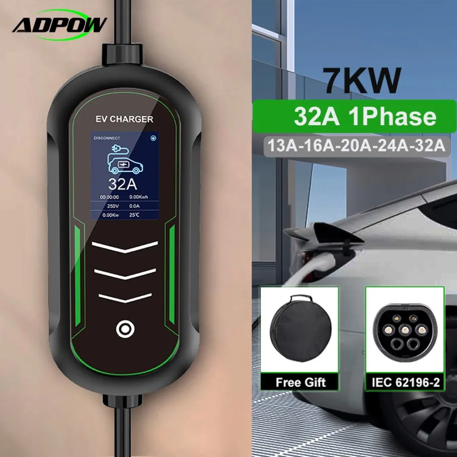 

ADPOW Type2 7KW EV Charger Portable EVSE Charging With 5M Cable IEC62196-2 Plug Charger for Electric Vehicle Adjustable Current