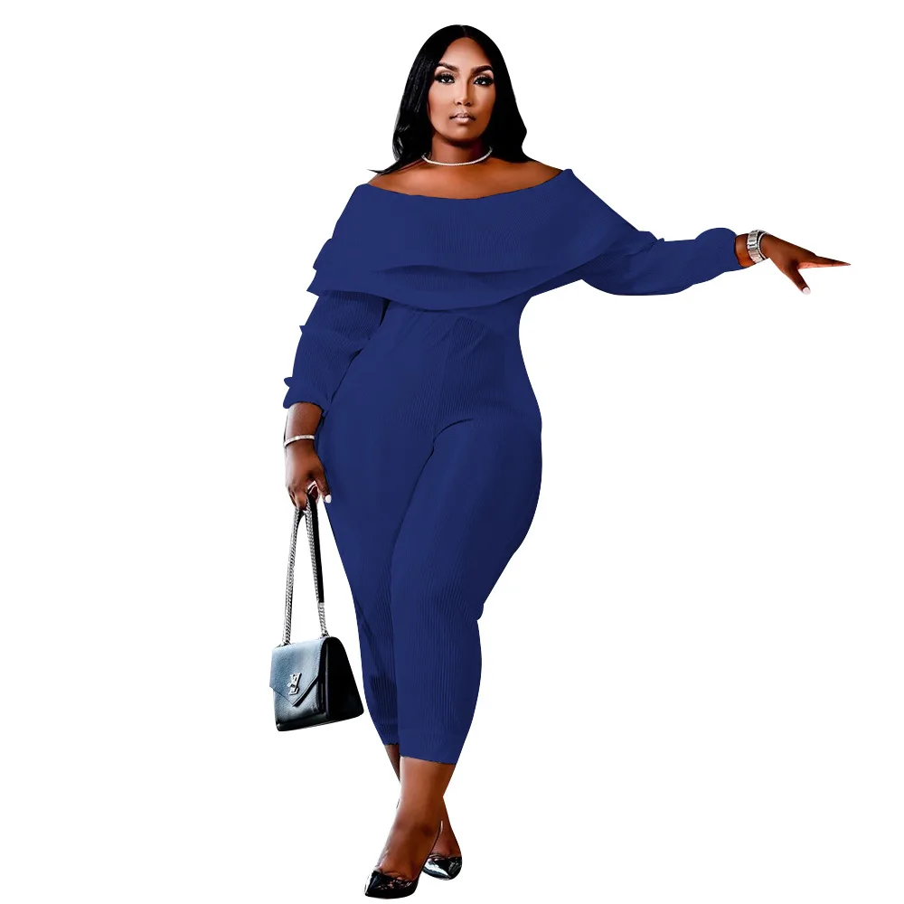 SOMO Casual Loose Plus Size Ribbed Elegant Jumpsuit Women 2022 Ruffles  Off Shoulder Long Pants Rompers Wholesale Dropshipping