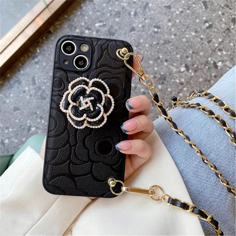 3D Camellia Bracket Phone Case For iPhone 16 15 14 13 12 11 Pro Max XR X XS Crossbody Chain Pearl Bracelet Flowers Leather Cover