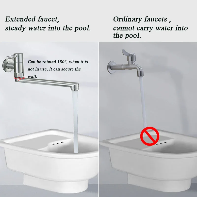 304 Stainless Steel Extended Faucet 360 Degree Rotation Spray Proof  Sink Tap Wall Mounted Single Cold Water Faucet Mop Pool Tap