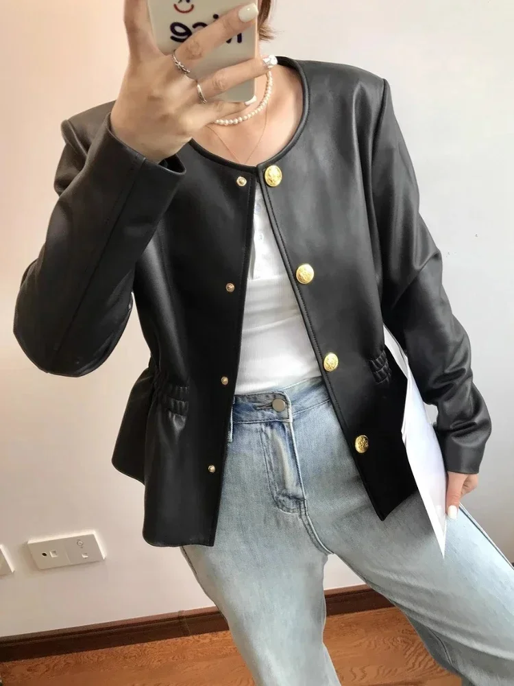 Cropped Women's Genuine Leather Jacket Spring Autumn 2024 Trend High-end Single Breasted Slim O-neck Elegant Sheepskin Coats