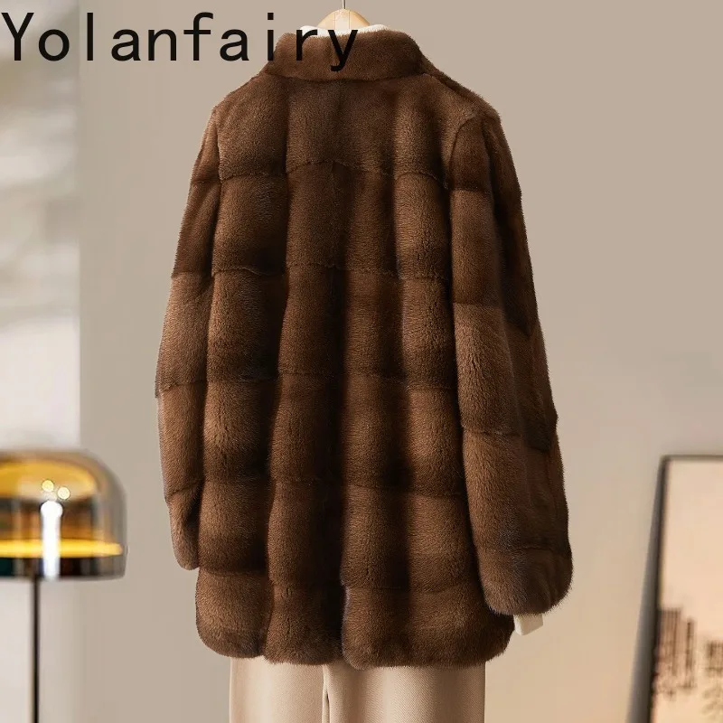 YOLANFAIRY Real Fur Coats for Women Luxury Winter Fashion V-neck Natural Fur Coat Woman Whole Mink Fur Jacket Mid-length Abrigos