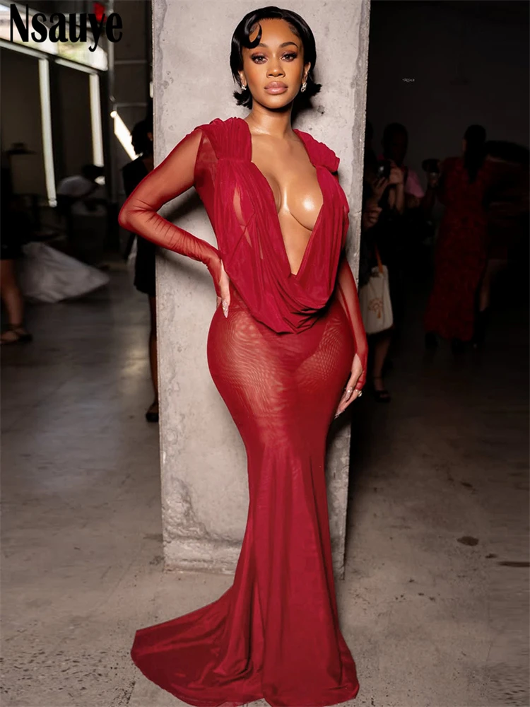 Nsauye Chic Elegant Women Low Cut Out Mesh Sexy See Through Maxi Night Club Party Dress Evening V Neck Long Sleeve Winter Dress