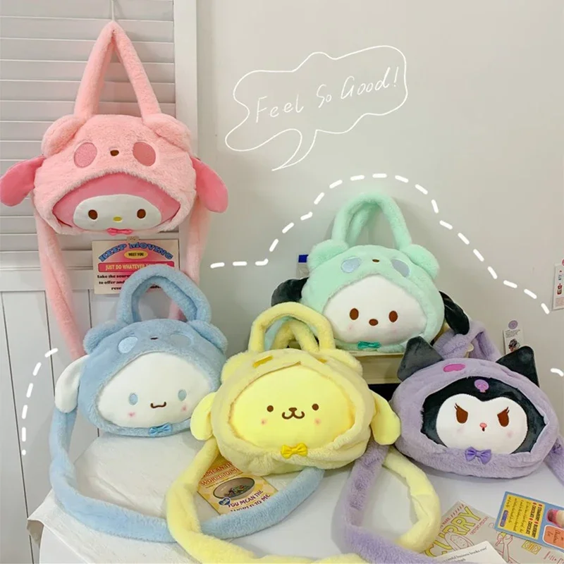 Kawaii Sanrio Plush Shoulder Bag Kuromi Melody Cinnamoroll Pochacco Plushie Handbags Large Capacity Crossbody Bags Girls Gift