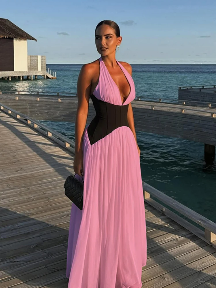 Nibber Temperament Contrast Patchwork Dress Women Halter Low-Neck Backless Ruched Ruffles Hem Vacation Beach Party Long Bodycon - Image 2