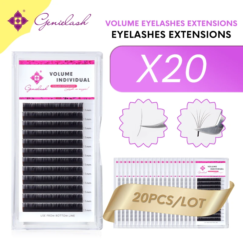 

Genielash 20Pcs all size 12rows/tray mix individual mink eyelashes extension volume soft eyelashes extension supplies