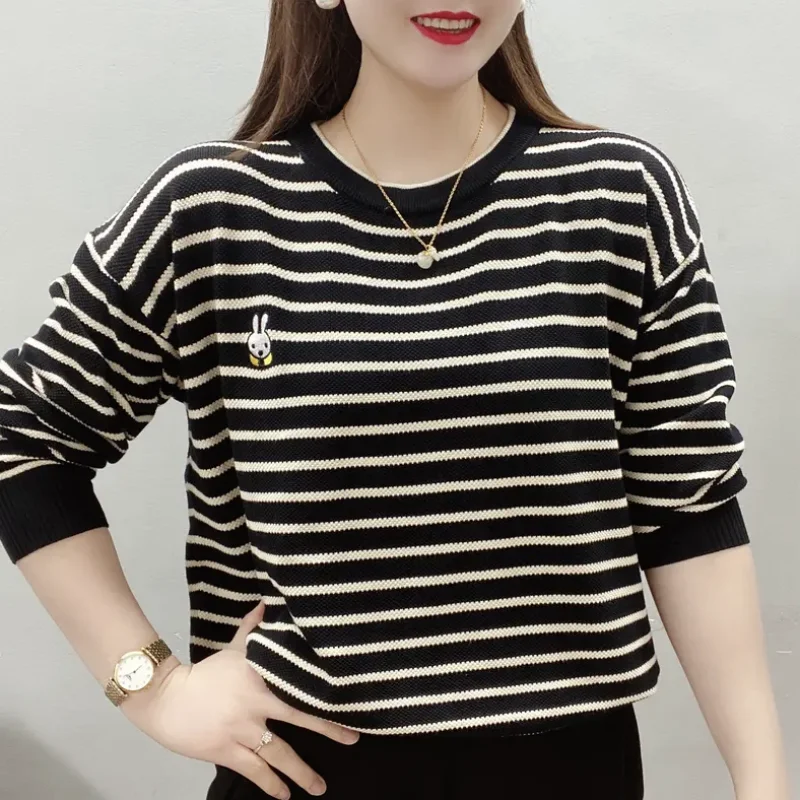 

Korean Version Casual Versatile Commuter Women's Clothing Fashion Stripe Print Round Neck Long Sleeve Temperament Pullover Shirt