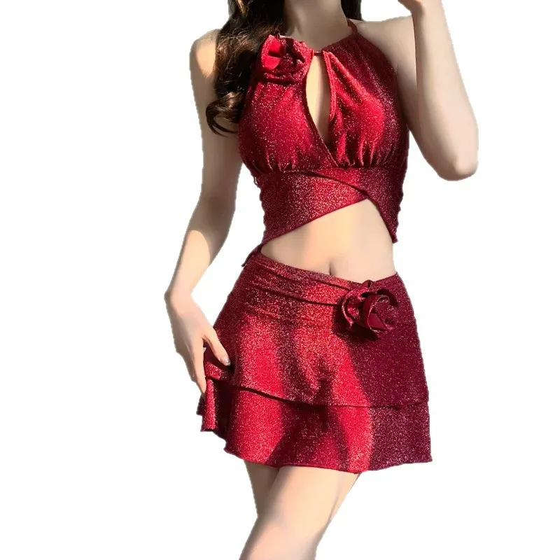 مثير عيد الميلاد الأحمر 3D زهرة البسيطة تنورة البيكينيات مجموعات قطعتين مع الرسن التعادل المحاصيل سترة ملابس السباحة الحلو ملابس الشاطئ biquini