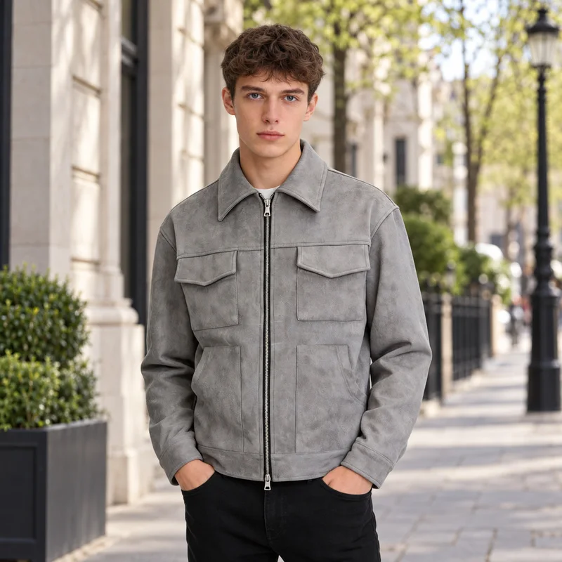 Men's Faux Suede Jacket Casual Zip Up Trucker Coat with Large Pockets Lapel Collar Spring Autumn Streetwear