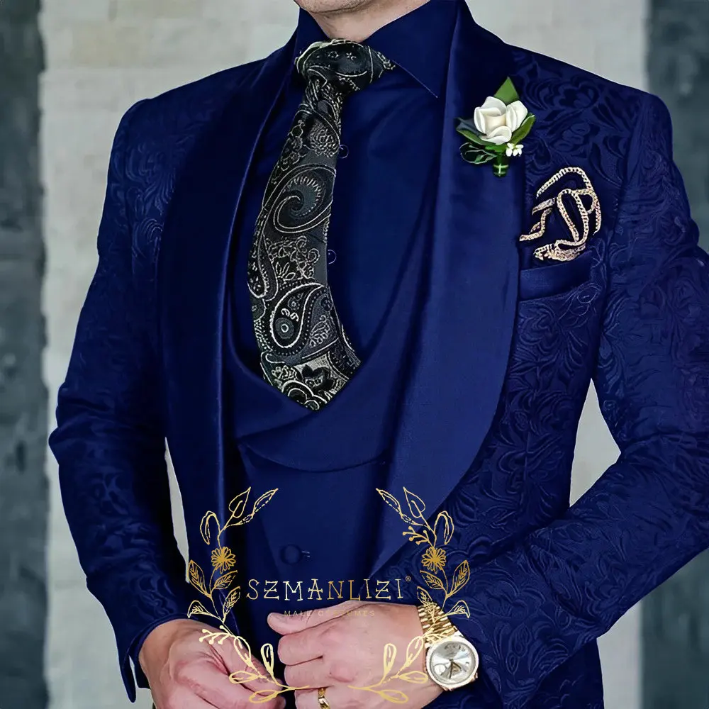 

Navy Blue Jacquard Men's 3-piece Suit Set Formal Party Dress Groom Tuxedo Elegant Men Terno Masculino Costume Homme Mariage