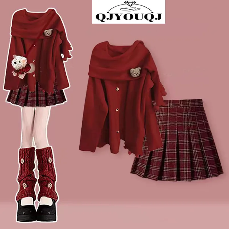 

Fashion Set Women's Autumn/Winter Knitted Top+Reduced Aging Checkered Pleated Short Skirt Two Piece Set