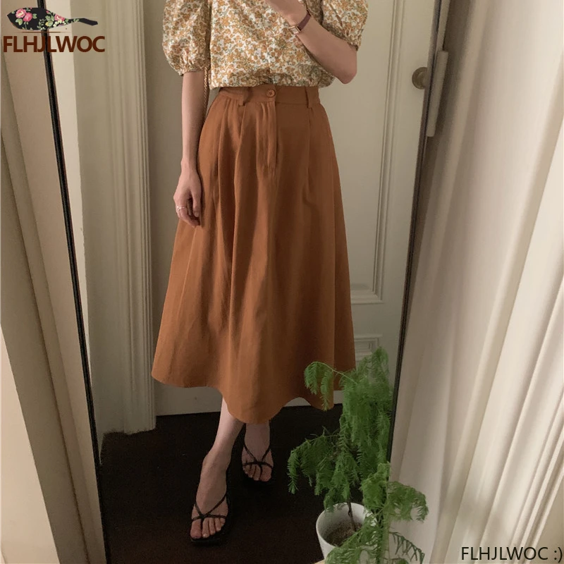 Women Long Cotton Blends Skirts Retro Vintage Cute Chic Korea Japan Girls Preppy Style Navy Blue High Waist Skirt