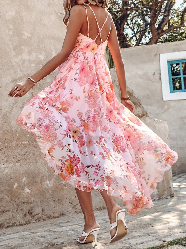 Frill Hem Ruffles Floral Print Asymmetrical Dress