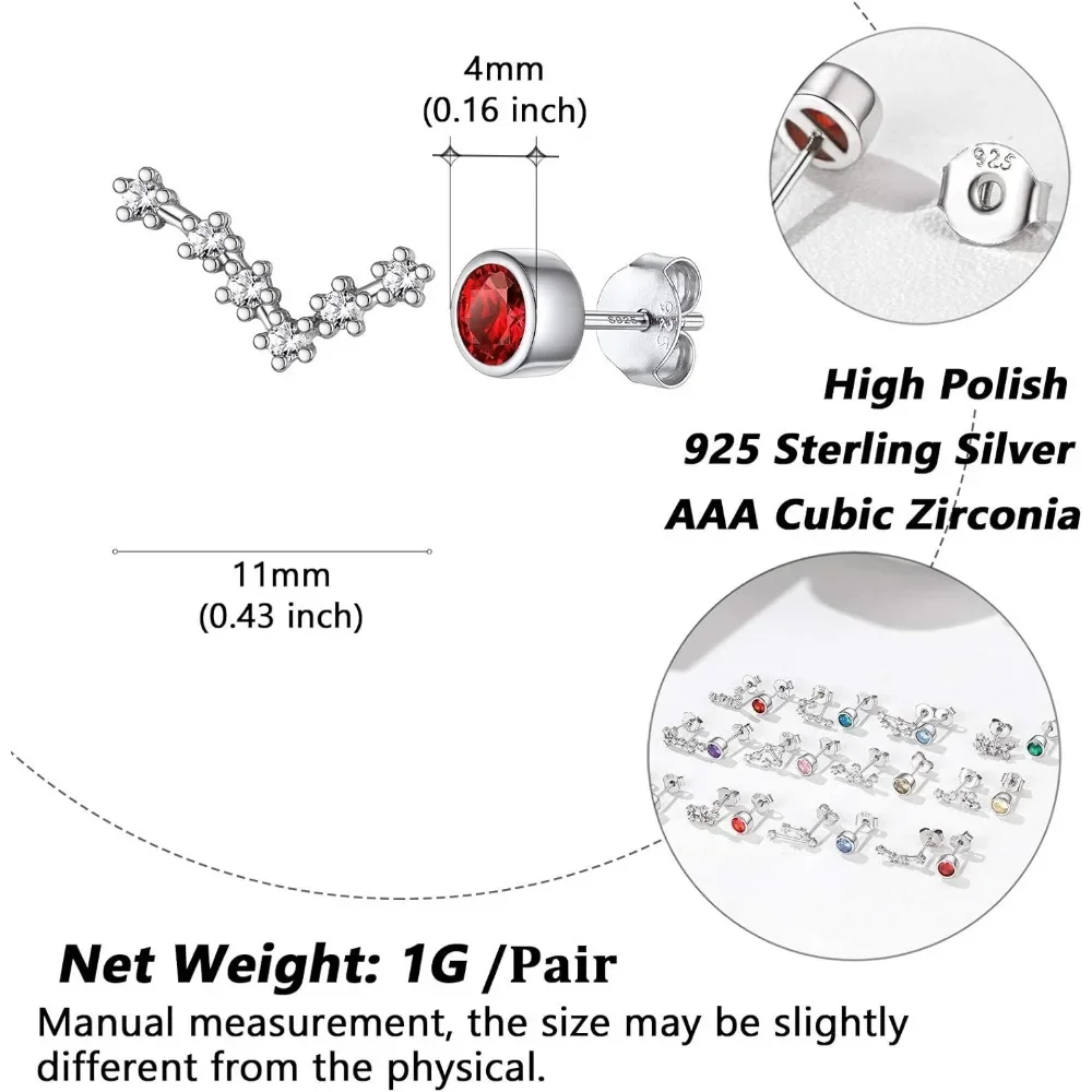 U7 925 Sterling Silver Asymmetrical Zodiac Birthstones Stud Earrings Birthday White CZ Paved Constellation Jewelry for Women