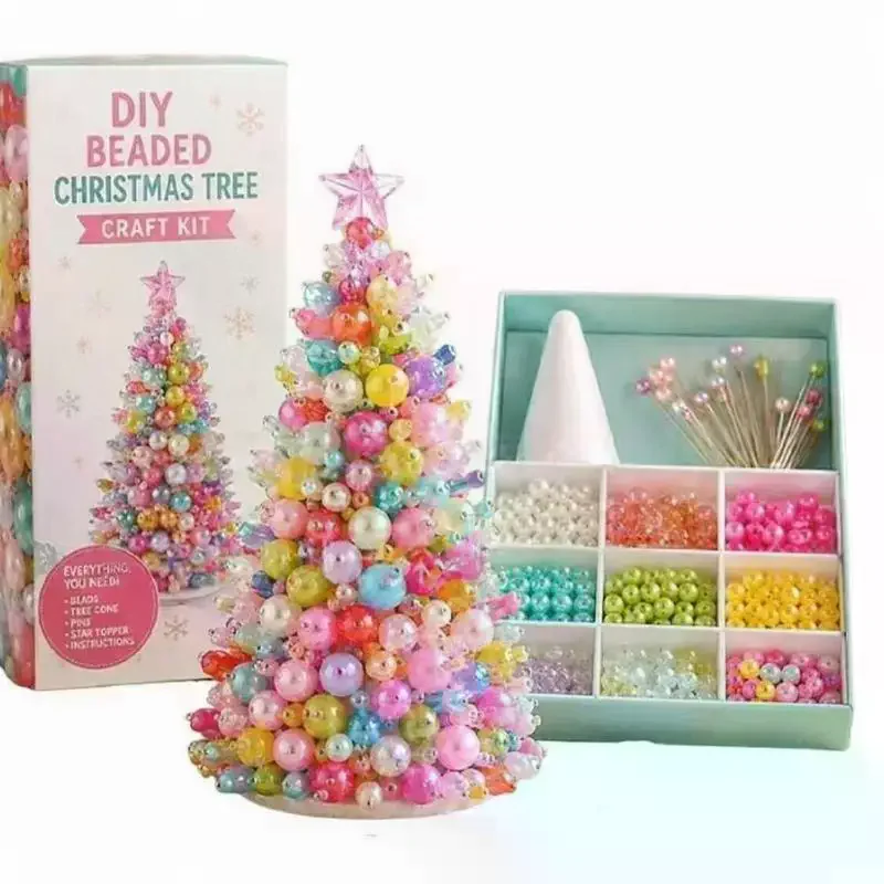 DIY Beaded Christmas Tree Craft Kit Pearl Bead Tabletop Mini Xmas Handmade Ornament For Holiday Home Desktop Decoration 1 Set