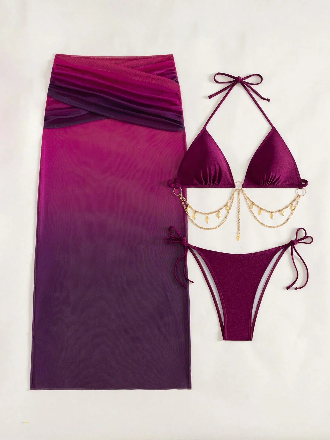 

Purple Ombre Halter Bikini Set With Gold Chain Accent And Sheer Wrap Skirt