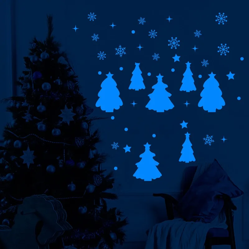 Luminous Christmas Carved Sapphire Christmas Tree Decal Glowing Festive Living Room Bedroom Wall Sticker Sparkling Holiday Decor